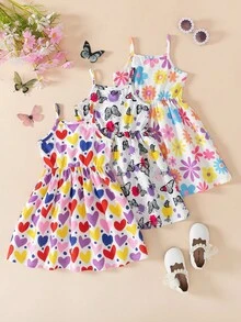 3pcs/Set Young Girls Casual Sports Style Knit Slip Dress With Random Printed Pattern, Suitable For Daily, Home & Outdoor Use, Spring/Summer - Multicolor - View 1