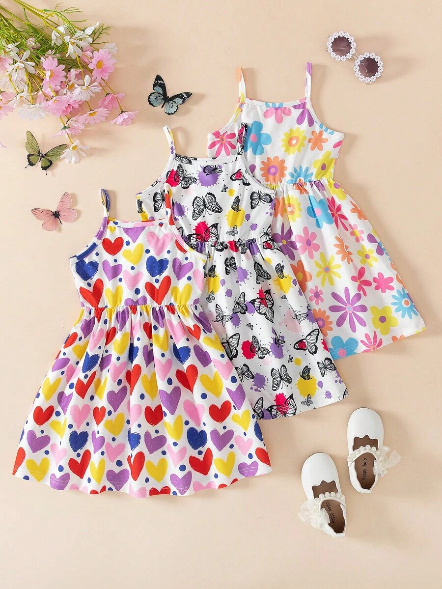 3pcs/Set Young Girls Casual Sports Style Knit Slip Dress With Random Printed Pattern, Suitable For Daily, Home & Outdoor Use, Spring/Summer - Multicolor - View 1