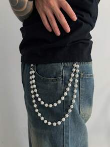 1pc Solid Color Rhinestone Pearl Punk Dual Chain Belt Keychain, Waist Accessory Suitable For Gift, Party, And Casual Outfit