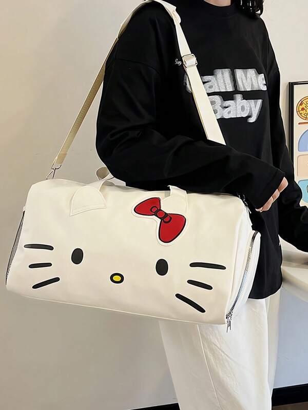 Sanrio قطعة واحدة حقيبة نهاية الأسبوع كبيرة للبنات مزينة برسمة هالو كيتي،حقيبة رياضية محمولة مع شكل فيونكة هالو كيتي، حقيبة كروسبودي هدية