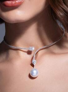 1 buc colier complet cu cristale și choker cu perle din frunze de zirconiu, colier luxos la modă din cupru și argint, potrivit pentru femei, purtare zilnică, aniversare, nuntă, petrecere, sărbătoare, colier de bijuterii de mireasă