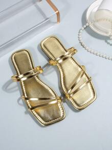 Women's Fashion Square Toe Multi-Strap Woven Flat Sandals, Suitable For Shopping, Dating, Vacation, Home Leisure, Commuting, Party In Summer/Autumn