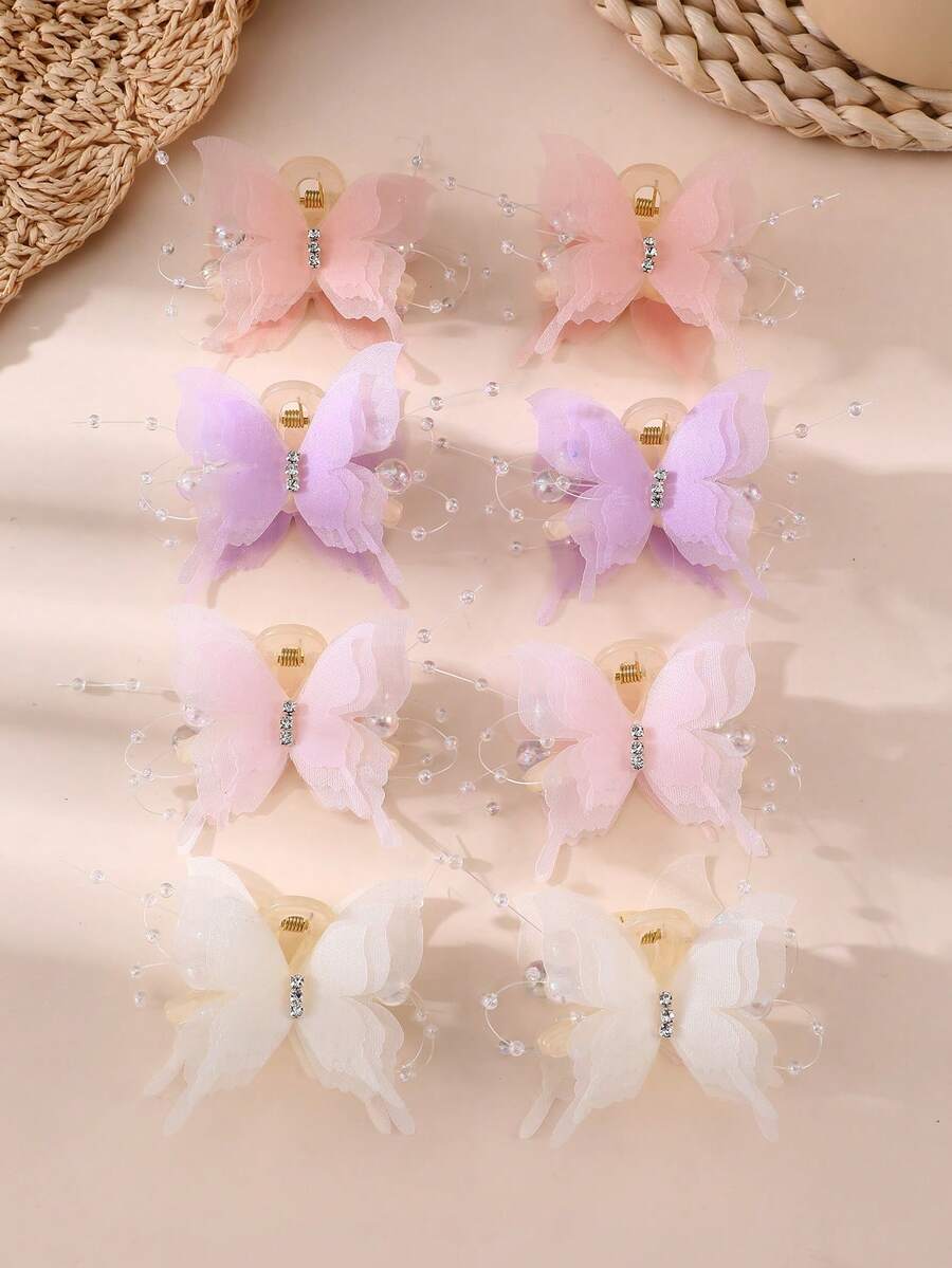 2pcs/4pcs/8pcs Girls Net Butterfly Pearl Rhinestone Hair Clips, Retro Style For Holiday & Everyday Wear - Multicolor - View 1