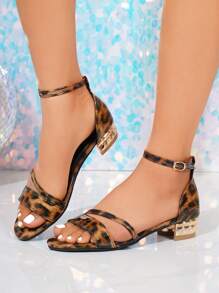 Buckle Strap Block Heel Summer New Fashion Leopard Print Versatile Women Shoes