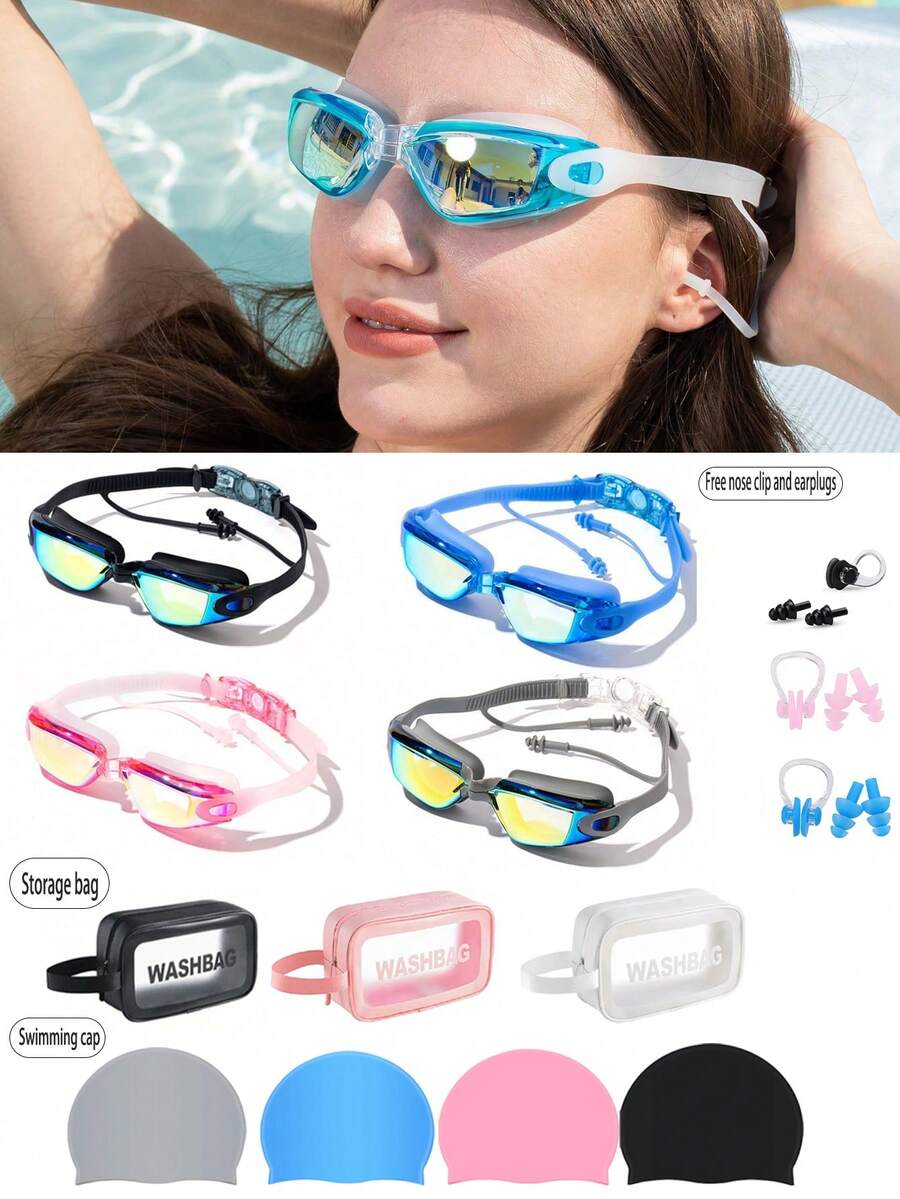 7-Color Adult Swimming Goggles Set, Anti-Fog Anti-UV Swim Glasses Unisex With Nose Clip, Waterproof And Clear Vision
