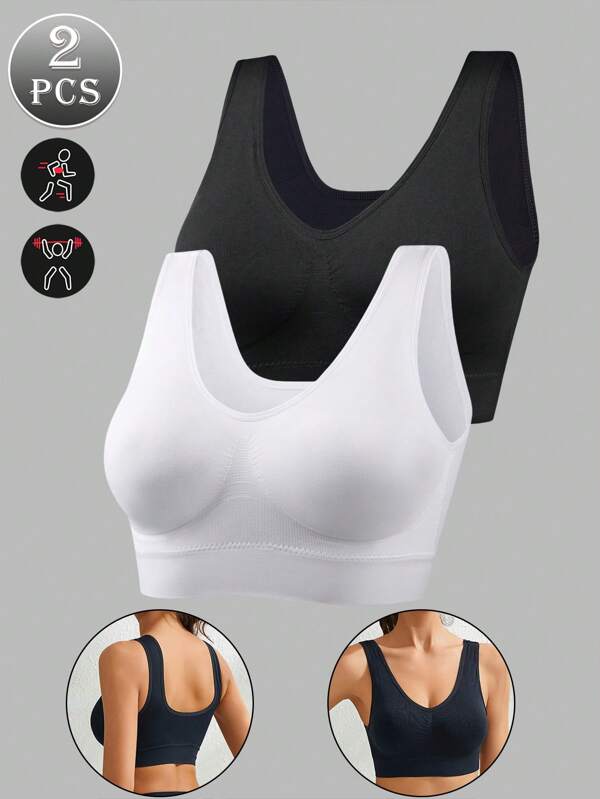 2 piezas Sujetadores deportivos de yoga para gimnasio Sujetadores sin costuras con recogida Sujetadores deportivos para entrenamiento Sujetadores deportivos sin espalda Tops de verano sin acolchado Ropa activa delgada de un solo color Moda transpirable Sin aro de acero Ejercicio transpirable Enfriamiento Correr Yoga Pilates Ciclismo