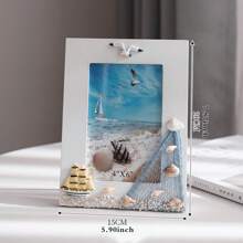 1Pc Seaside Nautical Style Photo Frame – Beach Shell Wood Picture Frame Decoration For Tabletop Or Shelf Display – Coastal Ocean Theme Wooden Ornament For Living Room Bedroom Office