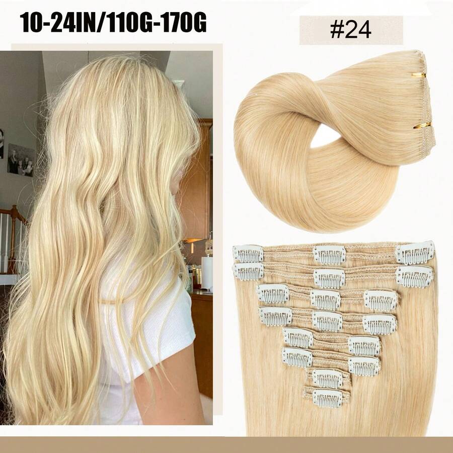 Seamless Thick 110G-170G Clip In Remy Human Hair Extensions Double Weft 8PCS 18Clips Full Head Easy To Install 10-24" #24 Natural Blonde