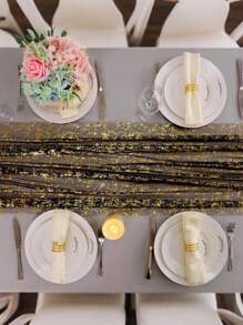 1pc Sheer Organza Table Runner, Party Dining Table Decor, Metallic Foil Gauze Table Runner, Suitable For Halloween, Christmas, Weddings, Birthdays, Influencer Restaurants, Food Photography Backdrops, Eid Al-Fitr Decoration