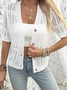 Solid Color Hollow Out Short Sleeve Front Button Up Cardigan, Casual Daily Wear Summer