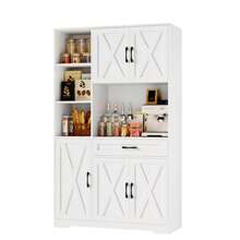 71" Tall Kitchen Pantry Storage Cabinet, Farmhouse Food Pantry Cabinet With Microwave Stand, Barn Doors Kitchen Hutch With Large Drawer And Shelves For Dining
