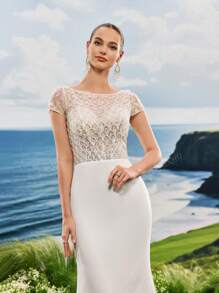 Vestido de noche elegante y formal con mangas cortas, Vestido de novia de sirena blanco con encaje y lentejuelas