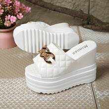 Women's 2025 Spring New Wedge Slippers, Versatile Outdoor Wear For Petite, Platform Thick Bottom Lining, Peep Toe Sandals With Wedge Heel, Sweet Bow And Floral Decor