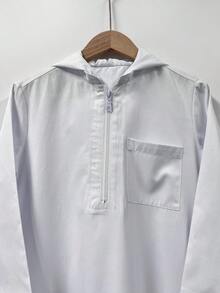 Middle East Muslim Arab Dubai Turkey Solid Color Boy Hooded Zipper Shirt Robe Thobe - White - View 7