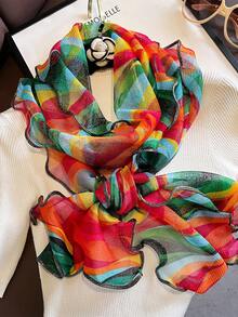 1pc Vintage High-End Printed Golden Selvage Sheer Scarf, Women's Spring Autumn Thin Headscarf, Fashion Versatile Neck Wrap Shawl, Sun Protection - Multicolor - View 9