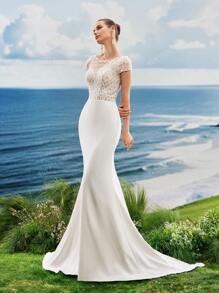 Vestido de noche elegante y formal con mangas cortas, Vestido de novia de sirena blanco con encaje y lentejuelas