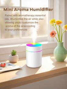 1个迷你USB加湿器，ABS多功能冷雾加湿器，电动空气清新剂，桌面USB供电，LED氛围灯，7色装饰灯，日常加湿防干燥，静音运行，卧室加湿器，简约设计，自然美观，运行安静，适用于家庭、办公室、卧室、汽车、酒吧，女士礼物。