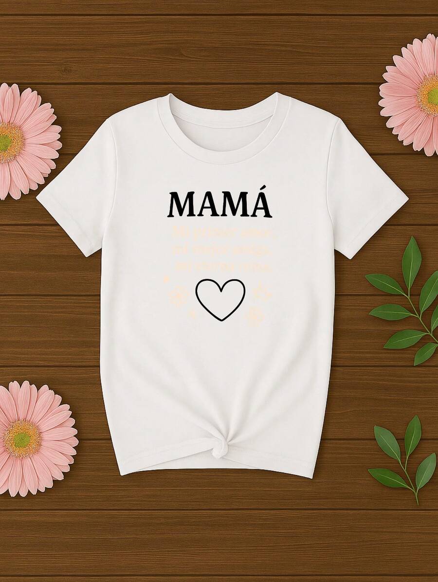 Playera casual de poliéster para mujer con estampado gráfico de mama , camiseta de punto de manga corta con cuello redondo para primavera y verano - Blanco - Ver 1