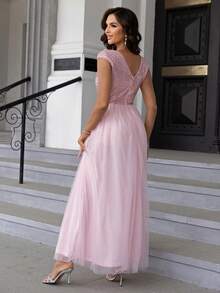 Joyfunear Elegantes einfarbiges Damen Paillettenkleid mit Kontrastmesh für Partys - Pink - Übersicht 6