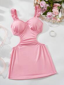 Vestidos de lencería sexy para mujer/niña con borde de hoja de loto, manga corta de seda de leche, calado, cintura descubierta, falda de cadera, babydoll y vestido de lencería sexy - Rosa - Ver 6