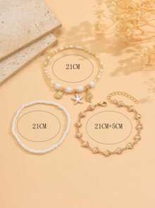 3 Stücke/Set Sommer Ozean Stil Soft Clay & Perlen Metall Seestern, Muschel & Konchenkette Fußkette, Mode goldene Muschel Kette handgemachter Fußschmuck, geeignet für tägliche Outfit Dekoration, Strand Urlaub Outfit