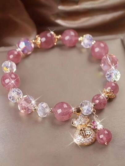 1 件草莓水晶玻璃手链女士祝福包吊坠串送女朋友女友礼物手链