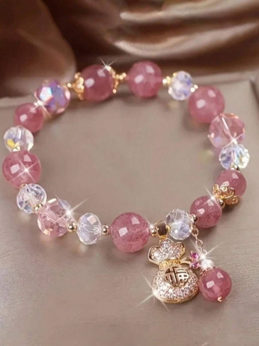 1 件草莓水晶玻璃手链女士祝福包吊坠串送女朋友女友礼物手链