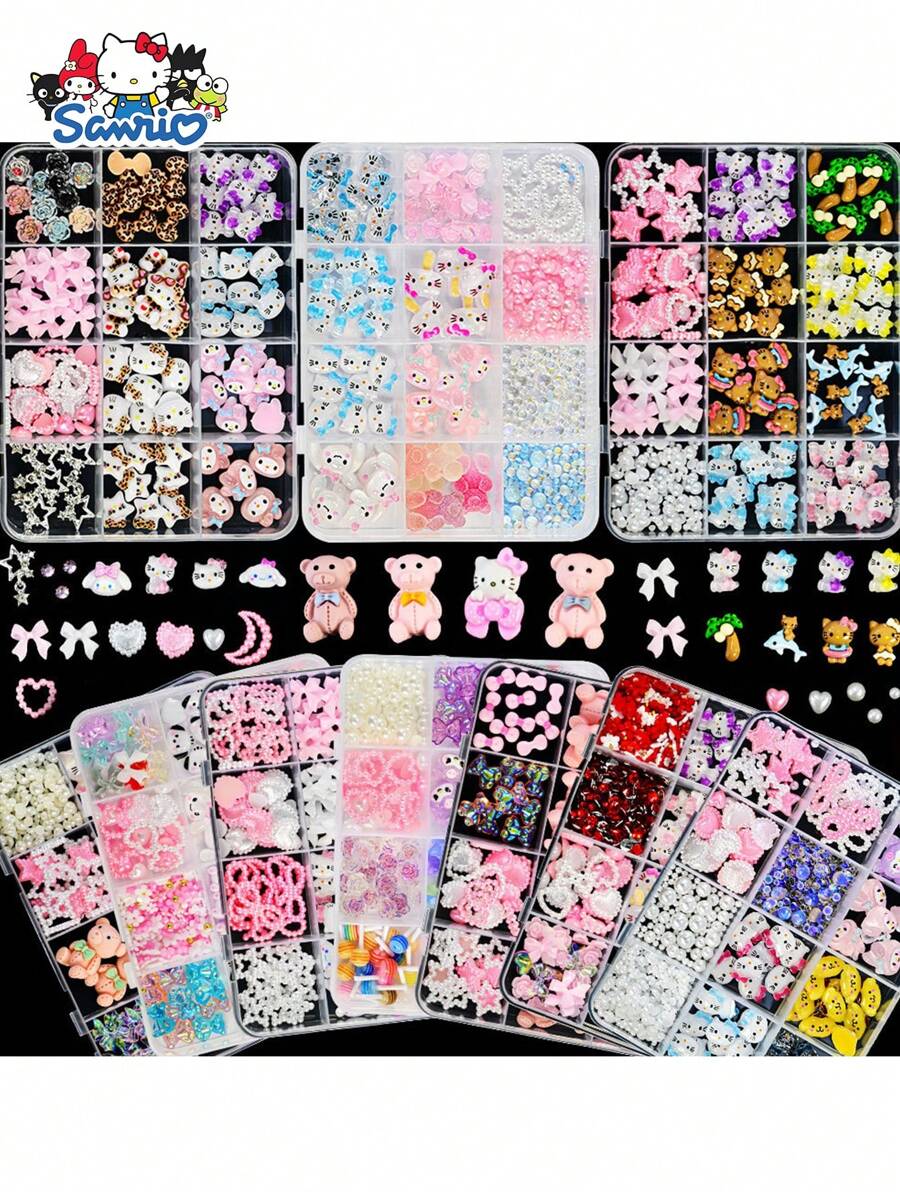 Sanrio 12Girds/Box Sanrio Hello Kitty Cute 3D Nail Art Charms Set DIY Manicure Decorations Accessories For Girls Creative Nail Jewelry Crafts