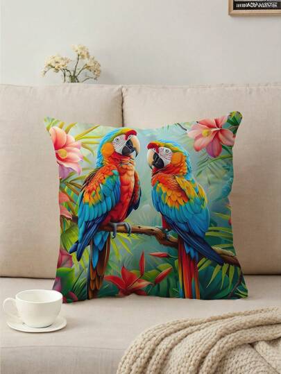 1pc Colorful Bird Printed Cushion Cover, Modern Pillow Case, Single-Sided Print, Without Filler, Suitable For Sofa, Home Decor Pillow Cover