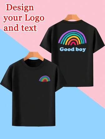 Aanpasbaar T-shirt met gepersonaliseerde voor- en achterkant voor kinderen/peuters met logo, cadeau/jubileum/verjaardag/familiefoto/huisdier/schoolreisje, aangepaste naam/tekst/campus/dansgroeplogo, rekbaar casual zomerkleding