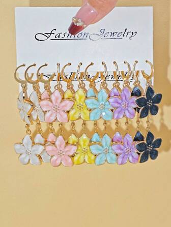 12 件套优雅甜美多色珐琅几何花卉吊坠耳环首饰套装，适合日常佩戴和情人节礼物