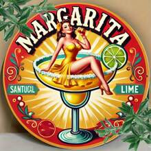 1 pieza Señal de madera redonda de 8"X8" de Margarita, decoración vintage para cafetería, bar y arte de pared del hogar, resistente al agua y al polvo, apropiada para patio trasero, garaje y decoración DIY, estilo de agujero aleatorio