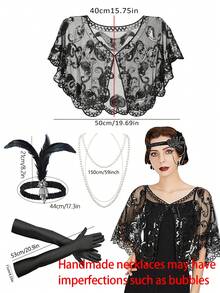D EXCEED 4 Pcs Roaring 20s Art Deco Flapper Accessory Set For Women - Sequin Cape+ Headband + Faux Pearl Necklace + Opera Gloves For Gatsby Cosplay & Speakeasy Party Masquerades - Multicolor - View 10