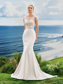 Vestido de noche elegante y formal con mangas cortas, Vestido de novia de sirena blanco con encaje y lentejuelas