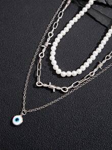 A Stylish Punk-Inspired 3 Pieces Gem Pendant Kink Pearl Chain Necklace Set Is Suitable For Men's Everyday Wear - Multicolor - View 2