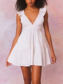 Women's V Neck Ruffle Dresses Summer High Waist Ruffle A-Line Pleated Mini Dress - White - View 2