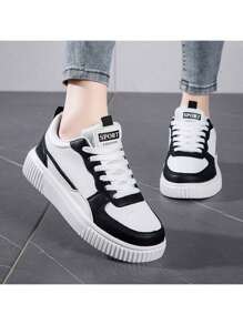 Unisex Sneakers, Versatile Lace Up Low Top Shoes For Outdoor Sports, Walking, Black & White, Plus Size
