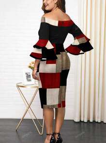 Große Größen elegantes Off-Shoulder kariertes Lässig Kleid für den Alltagsgebrauch