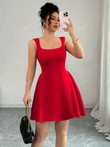 abyoxi Abito elegante e sexy rosso con scollo quadrato, senza maniche, a-line, per laurea, con dettaglio arricciato in vita, adatto per appuntamenti, shopping, laurea, feste, balli, primavera estate, nuovo abbigliamento da donna