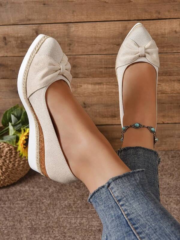 Ladies' Fashion Rope Bottom Solid Color Bow Decor Versatile Platform & Wedge Shoes