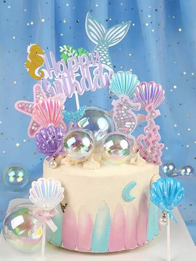 Decoración de toppings para pastel de fiesta de cumpleaños de Sirena de color morado y rosa