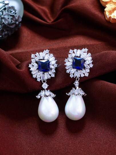 1 par de pendientes de plata plateada con cristal azul en forma de cuadrado y perla colgante para mujeres. Joyas de moda con circonita cúbica para novias, bodas, compromisos, banquetes, fiestas, regalos para mujeres, damas, damas de honor, madre.