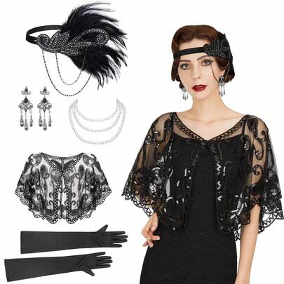 1 Set Of 5 Pieces: 1920s Retro Feather Headband, Sequin Shawl, Pearl Necklace, Earrings, Black Gloves - Costume Accessories For Masquerade Ball, Party, Formal Evening Gown For Dress