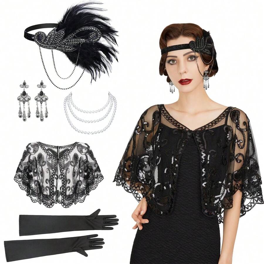 Bộ 5 món: Băng đô lông vũ phong cách retro thập niên 1920, khăn choàng đính sequin, vòng cổ ngọc trai giả, bông tai, găng tay đen - Phụ kiện trang phục cho dạ hội hóa trang, tiệc tùng, váy dạ hội trang trọng, đi biển, kỳ nghỉ, phụ kiện, đồ dùng cần thiết khi đi du lịch. - Nhiều màu - Xem 1
