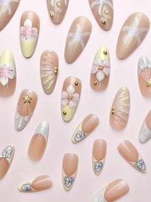 24 件/套杏仁形优雅 3D 海星和水滴花金色珠子按压式假指甲，含 1 件果冻凝胶和 1 个指甲锉，适合日常约会美甲用品