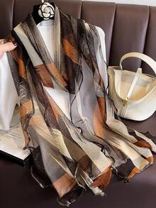 1pc Vintage High-End Printed Golden Selvage Sheer Scarf, Women's Spring Autumn Thin Headscarf, Fashion Versatile Neck Wrap Shawl, Sun Protection - Multicolor - View 14