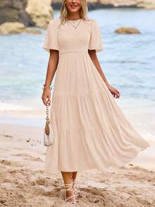 Women's Spring/Summer Casual Flutter Short Sleeve Midi Dress Cowl Layered Out Dresses - Màu be - Xem 1