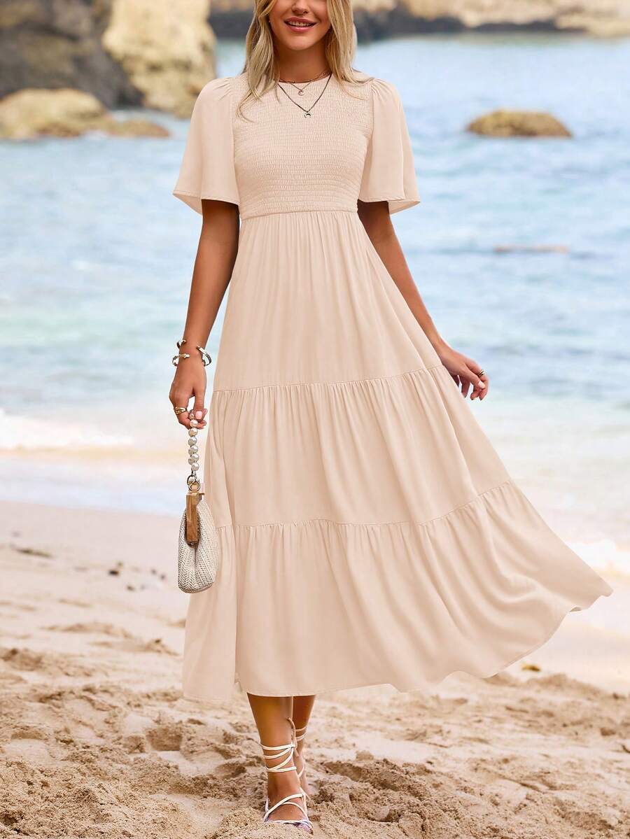 Women's Spring/Summer Casual Flutter Short Sleeve Midi Dress Cowl Layered Out Dresses - Màu be - Xem 1