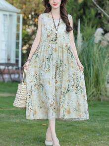 女士休闲印花优雅中长夏季连衣裙 - 淡綠 - 查看 6