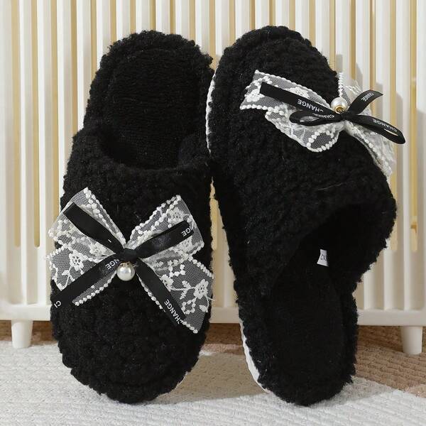 Bow Decor Slippers, Women Indoor Warm Household Shoes, Unisex Winter Home Slippers, Gothic Style Fabric Bow, Suitable For All Seasons